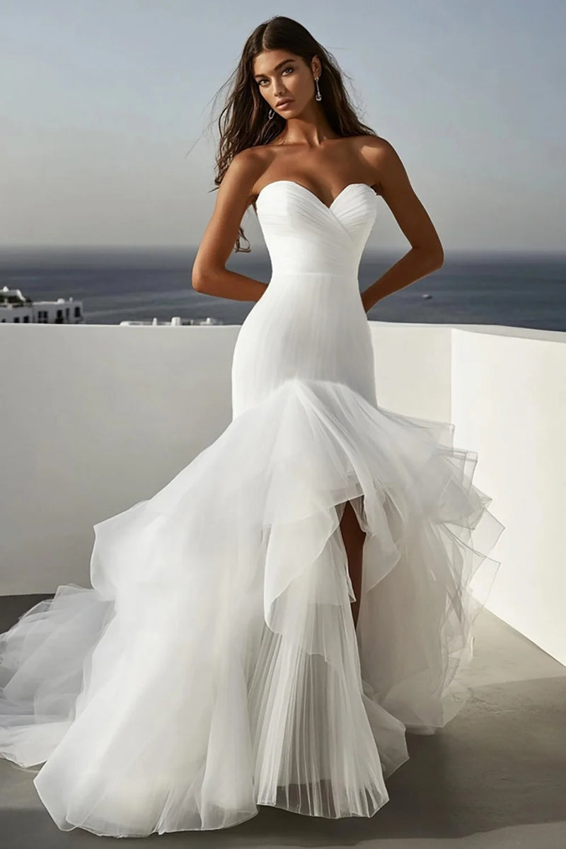 wedding dress mermaid tulle Mermaid Tulle Ivory Ruffled Strapless Wedding Dress – BL Dress