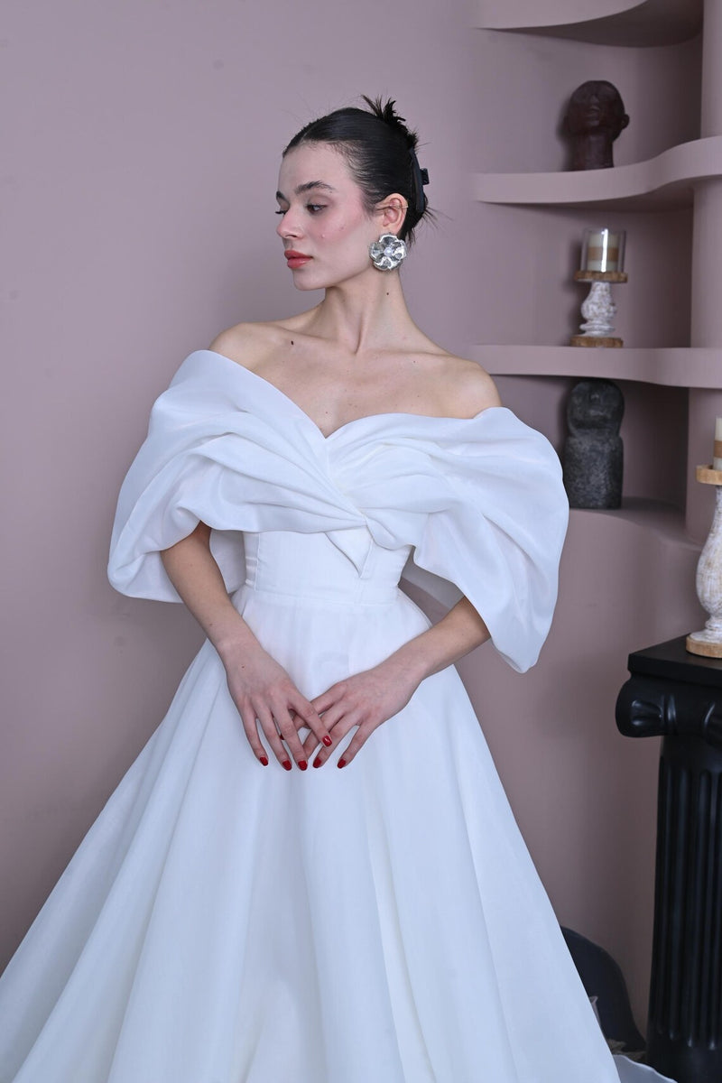 off shoulder ruched wedding dress Elegant Off the Shoulder Ruched Wedding Dress – BL Dress