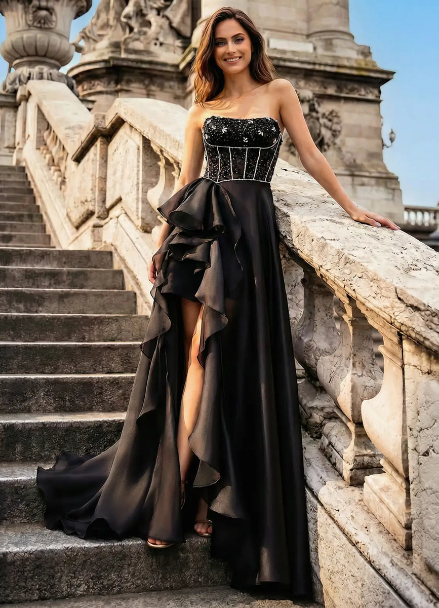 Black Strapless Prom Dress With Sweetheart Neck Corset Lace Up Back Hi
