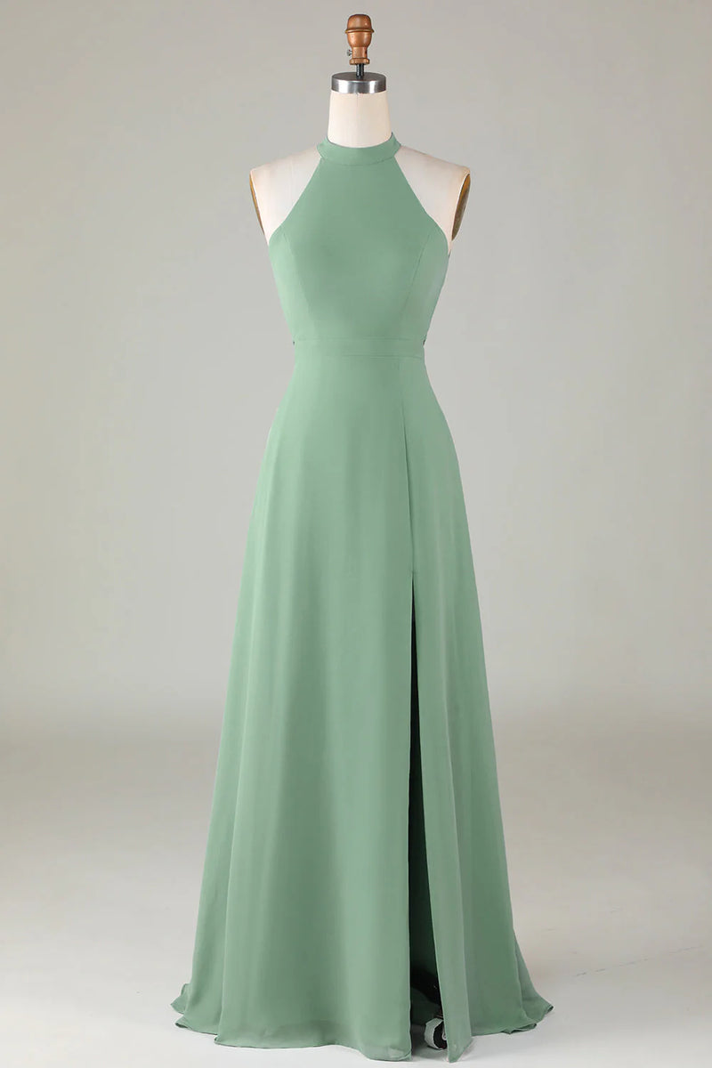 A-Line Halter Open Back Split Front Bridesmaid Dress – BL Dress