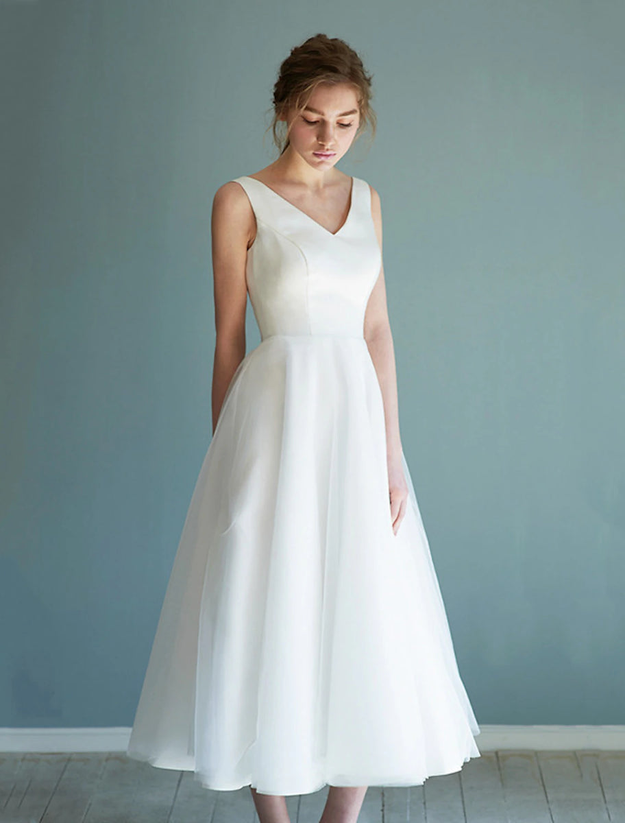 Reception Little White Dresses Wedding Dresses A-Line V Neck Sleeveles