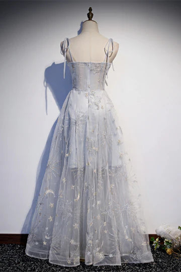 A-line Bow Tie Shoulder Embroidery Long Formal Dress