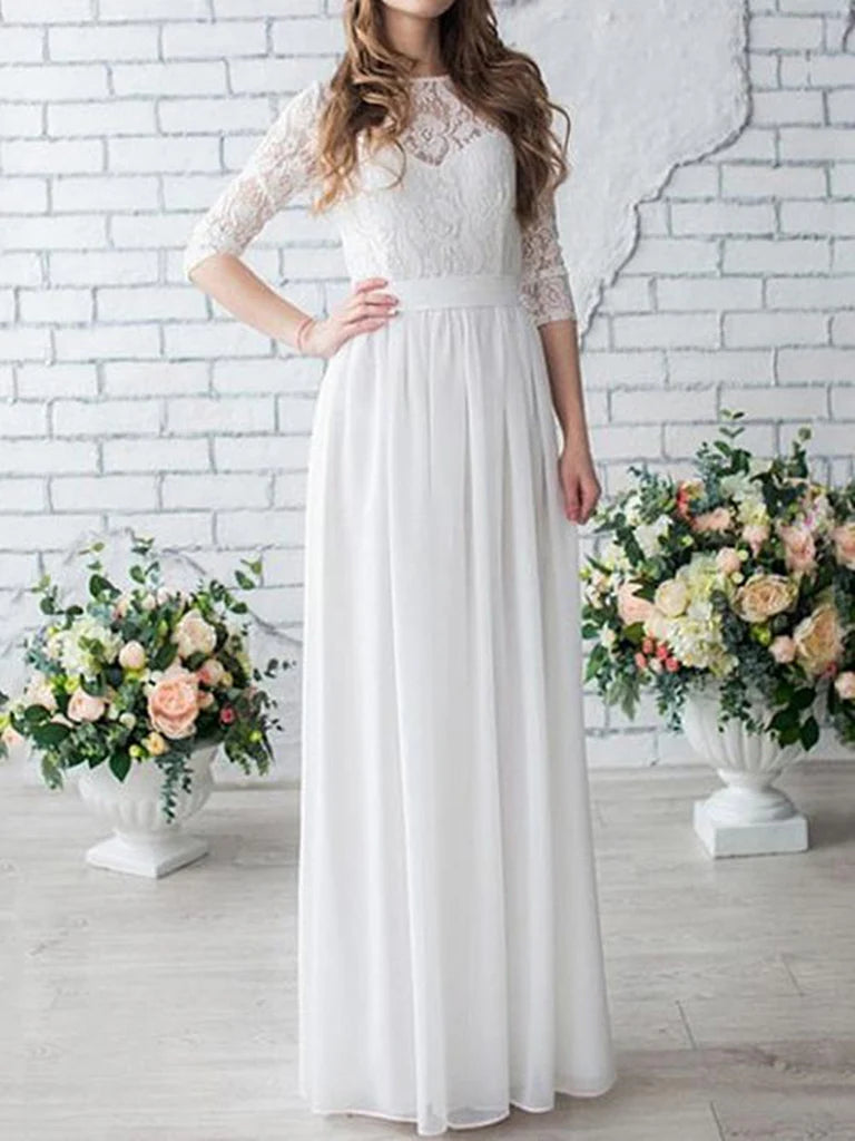 A-line Round Neck Lace Long Half Sleeves Chiffon Wedding Dress