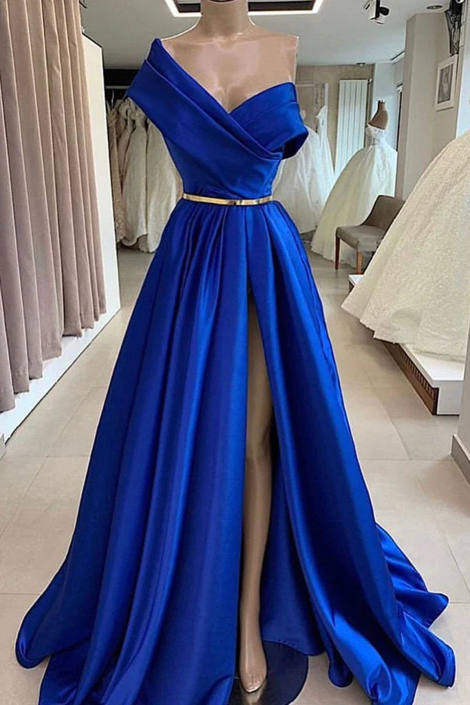 A-line One Shoulder Satin Long Prom Dresses With Slit Formal Evening Dresses