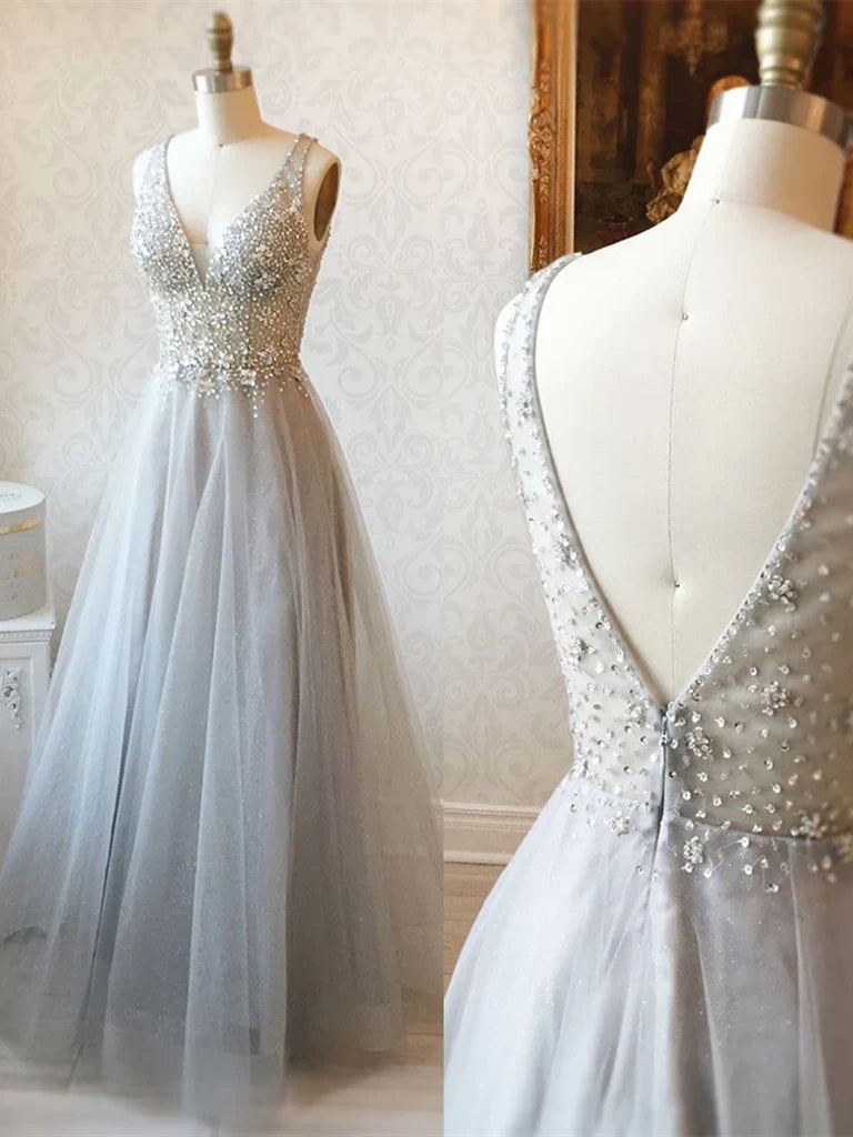 A-line V Neck Beaded Open Back Tulle Long Prom Dresses Formal Evening Dresses