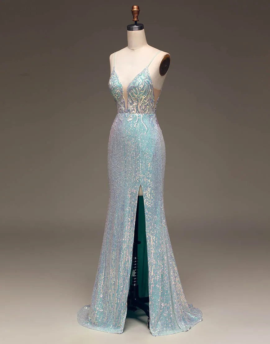 Mermaid Prom Dress With Split Spaghetti Straps Long