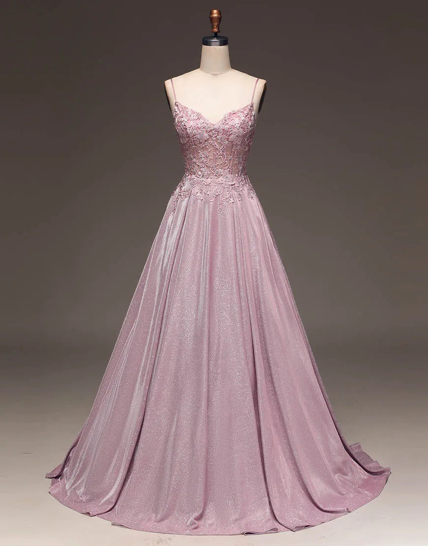 A-Linie Spaghettiträger Langes Glitzer-Ballkleid