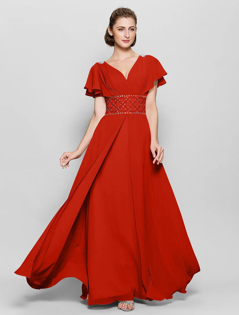 A-Line Mother of the Bride Dress Beautiful Back V Neck Floor Length Chiffon Short Sleeve No with Criss Cross Beading