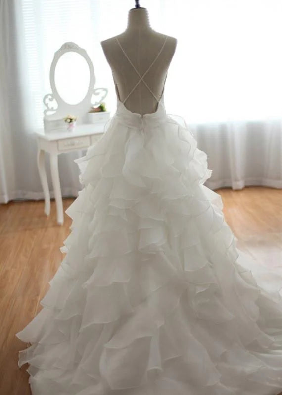 A-line V Neck Court Train Backless Wedding Dress Wedding Prom Dresses