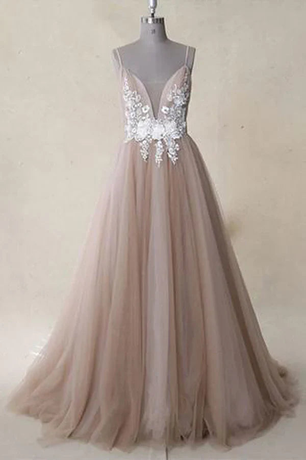 A Line Spaghetti Straps Appliqued Bodice Tulle Long Prom Dress