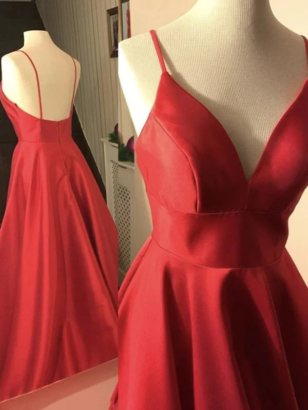 A Line V Neck Backless Satin Long Prom Dresses