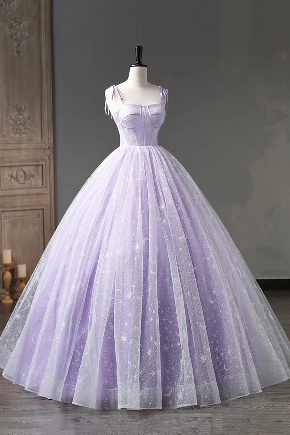 A-Line Tulle Straps Floor Length Evening Dress