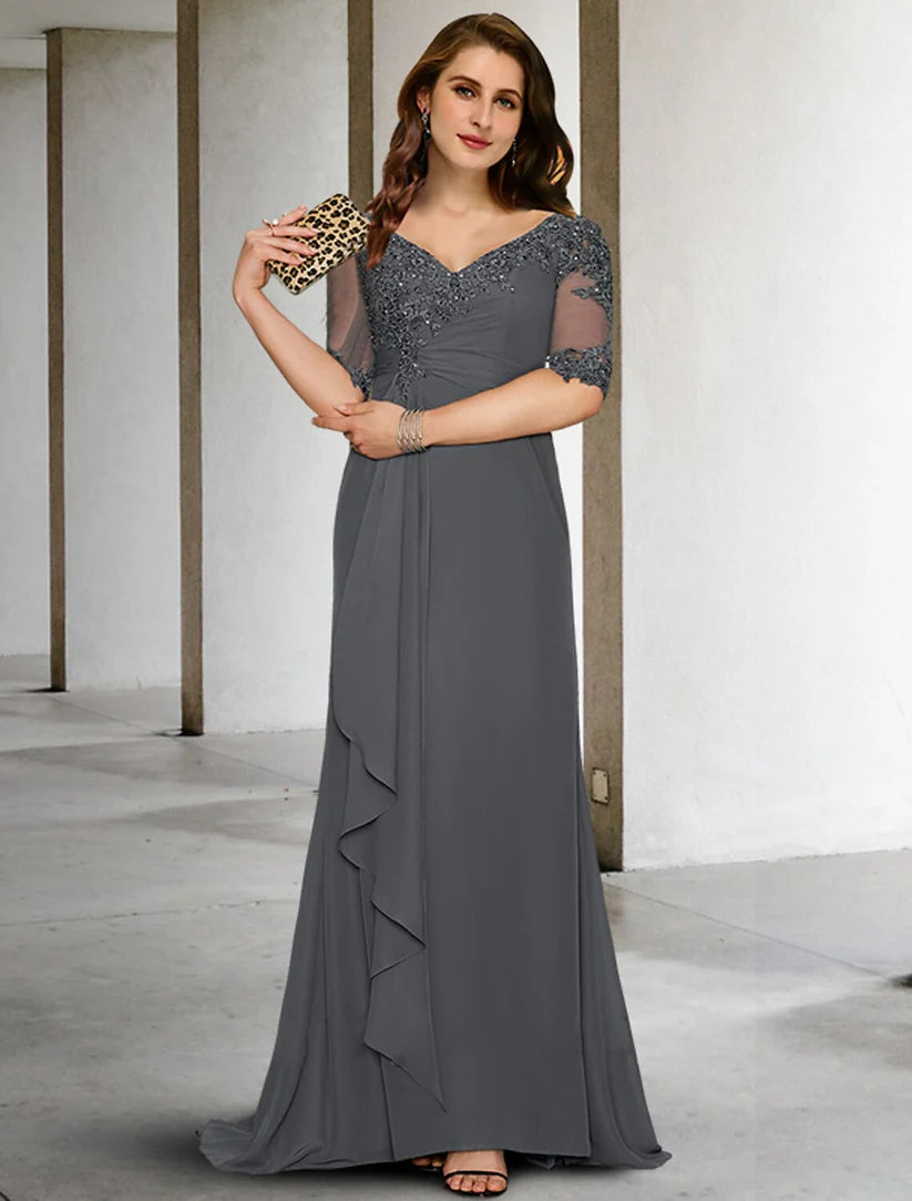 Mermaid / Trumpet Mother of the Bride Dresses Plus Size Hide Belly Curve Vintage Dress Formal Sweep / Brush Train Half Sleeve V Neck Chiffon with Pleats Appliques