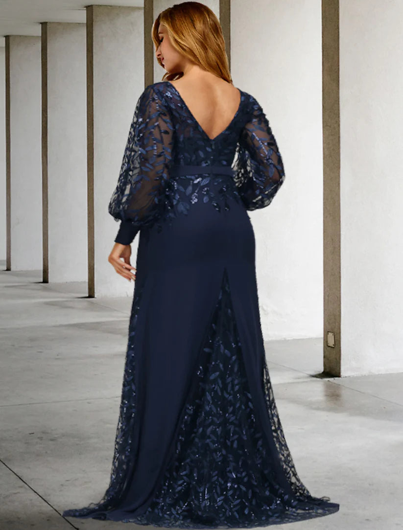 Mermaid / Trumpet Mother of the Bride Dresses Plus Size Hide Belly Curve Vintage Dress Formal Sweep / Brush Train Long Sleeve Jewel Neck Chiffon with Sequin Ruffles