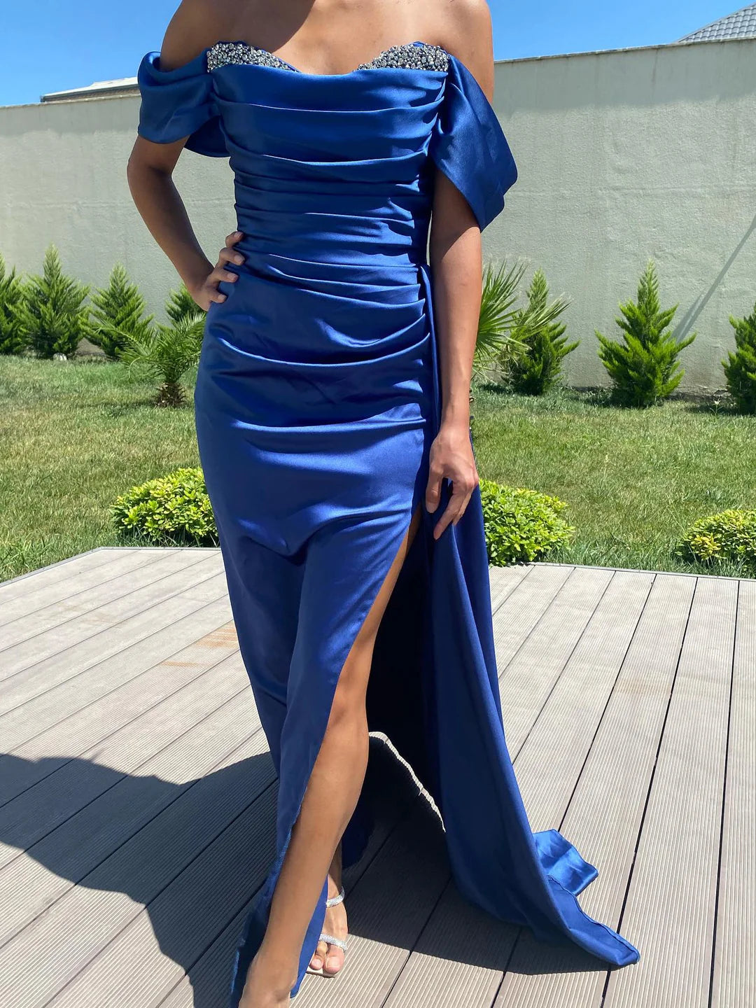 Sheath Off The Shoulder Floor Length Split Side Long Prom Dresses