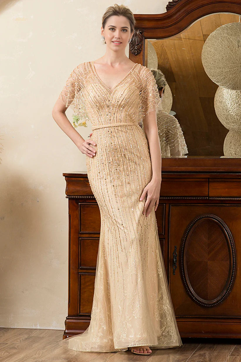 Mermaid Beading V-neck Glitter Mother of Bride Dress