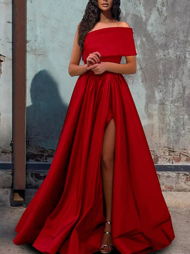A Line One Shoulder Floor Length Prom Dresses