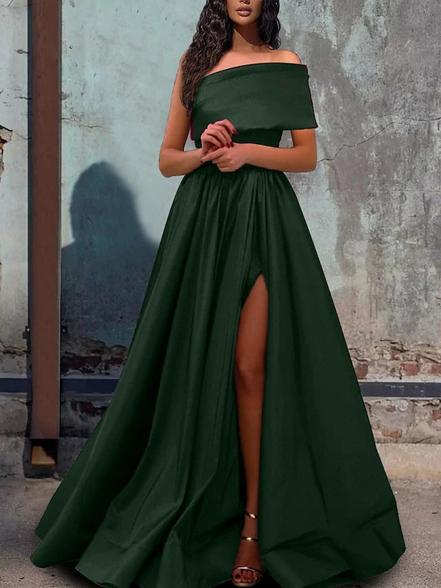 A Line One Shoulder Floor Length Prom Dresses