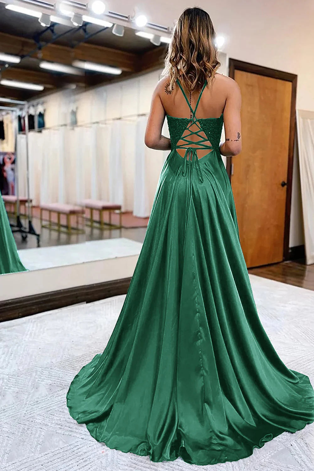 A-Line Appliques Satin Prom Dress with Slit