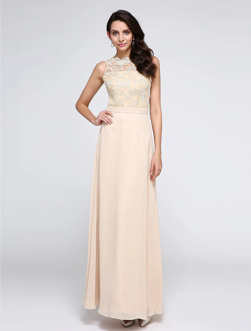 Etuikleid / Säulenkleid mit schönem Rücken, für Feiertage, Cocktailpartys, knöchellang, ärmellos, Rundhalsausschnitt, Chiffon mit Spitze