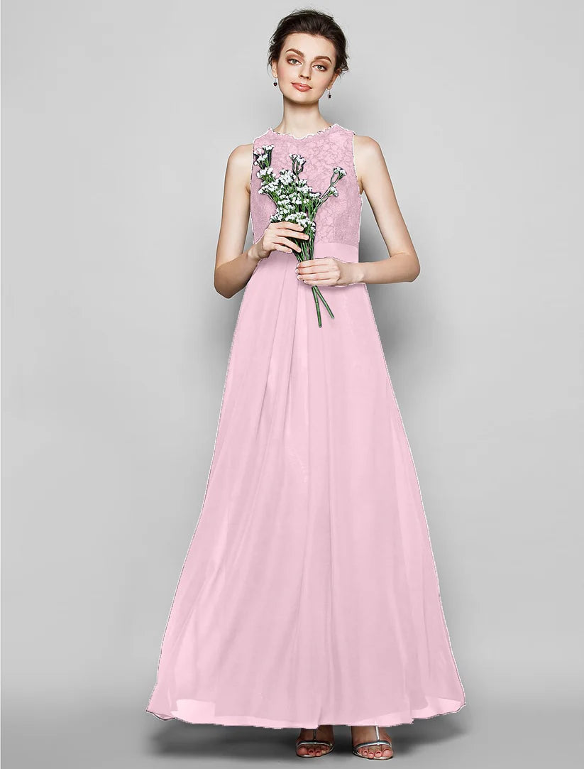 Etui-/Säulen-Brautjungfernkleid mit Schmuckausschnitt, ärmellos, elegant, bodenlang, Chiffon/Spitze mit Spitze