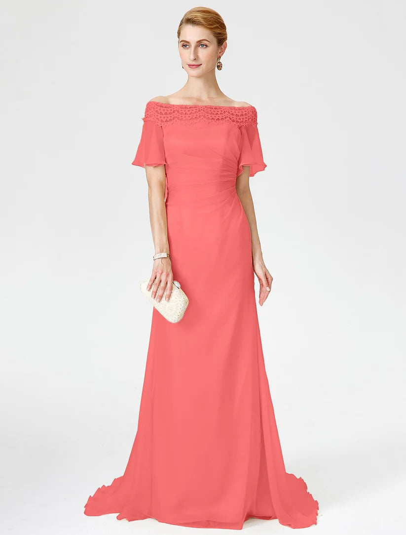 Etuikleid/Säulenkleid für die Brautmutter, elegant, schulterfrei, Sweep/Pinselzug, Chiffon, Spitze, kurze Ärmel mit Falten