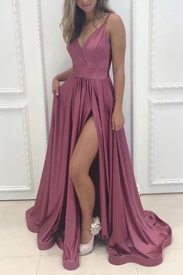 A-line V-neck Satin Long Prom Dresses with Slit