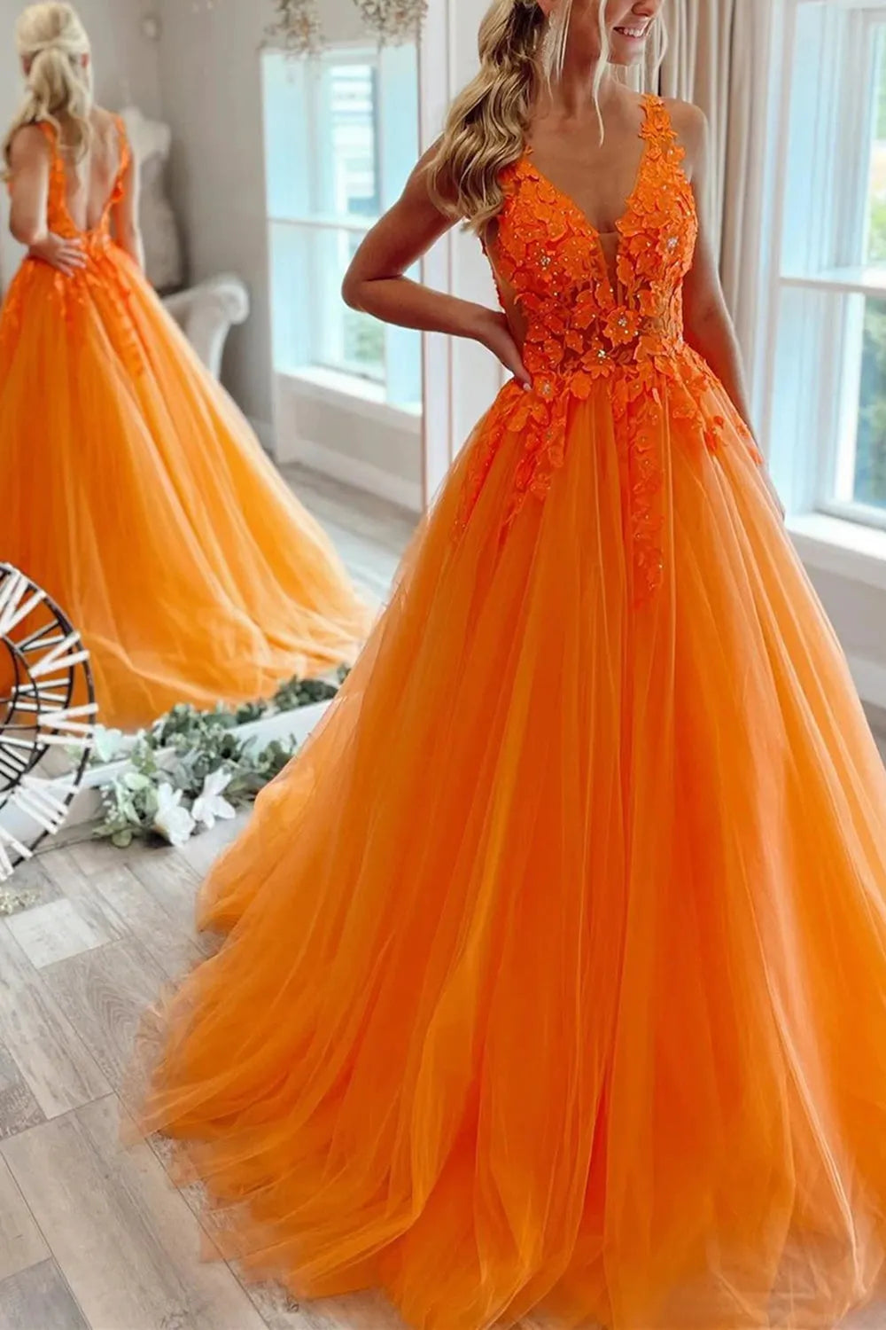 A Line V Neck Prom Dress with Appliques