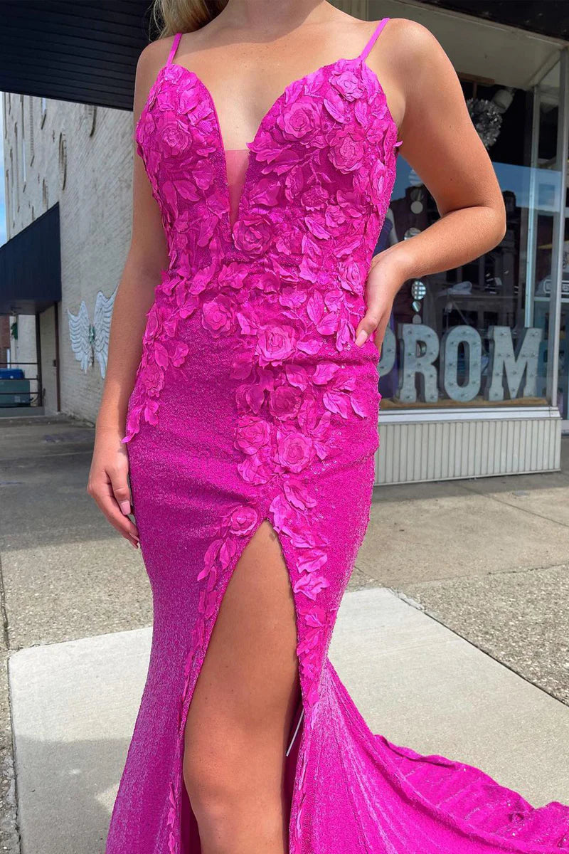Mermaid Sparkly V Neck Fuchsia Sequins Long Prom Dresses with Appliques