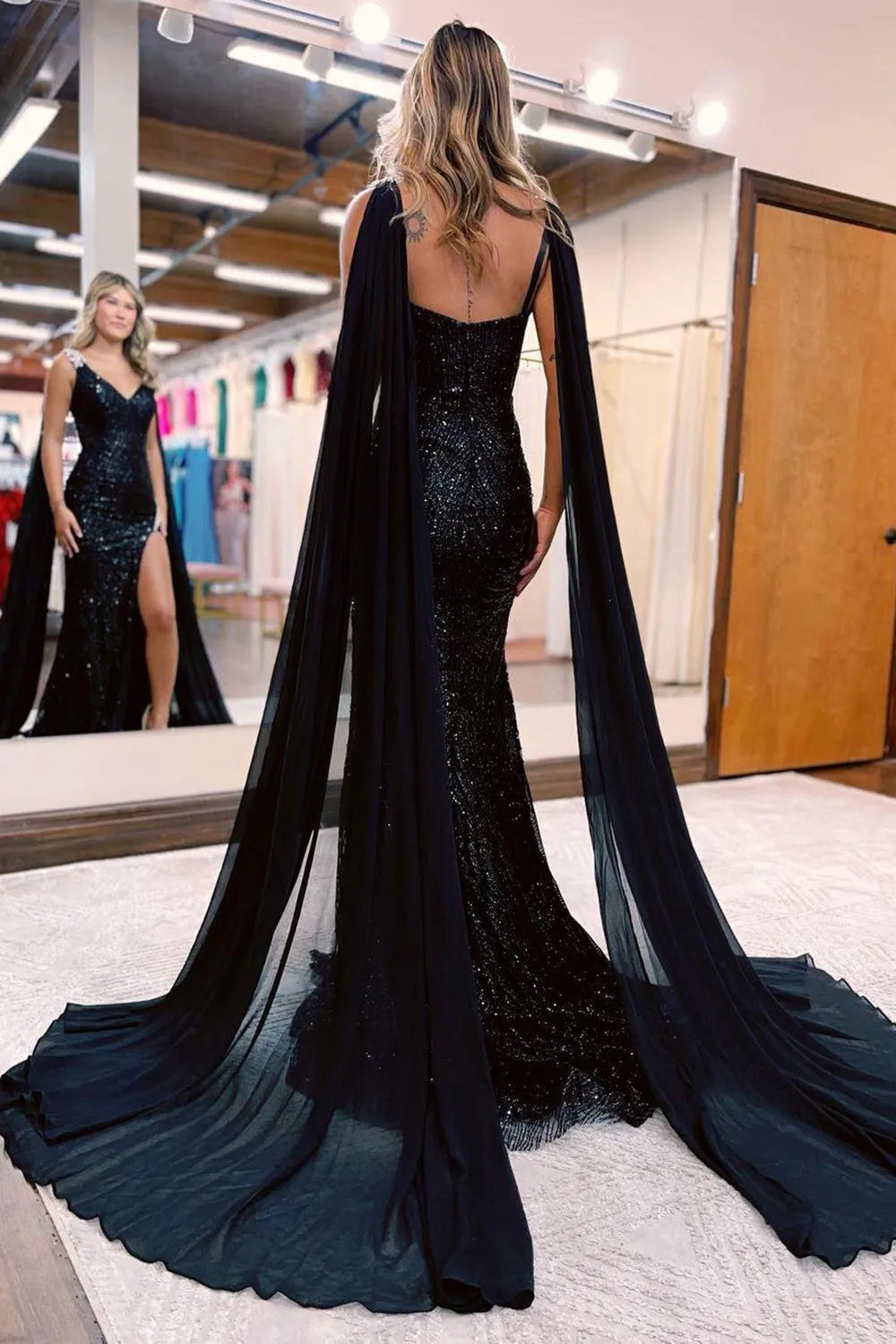 Mermaid Deep V Neck Sequins Long Prom Dress with Cape