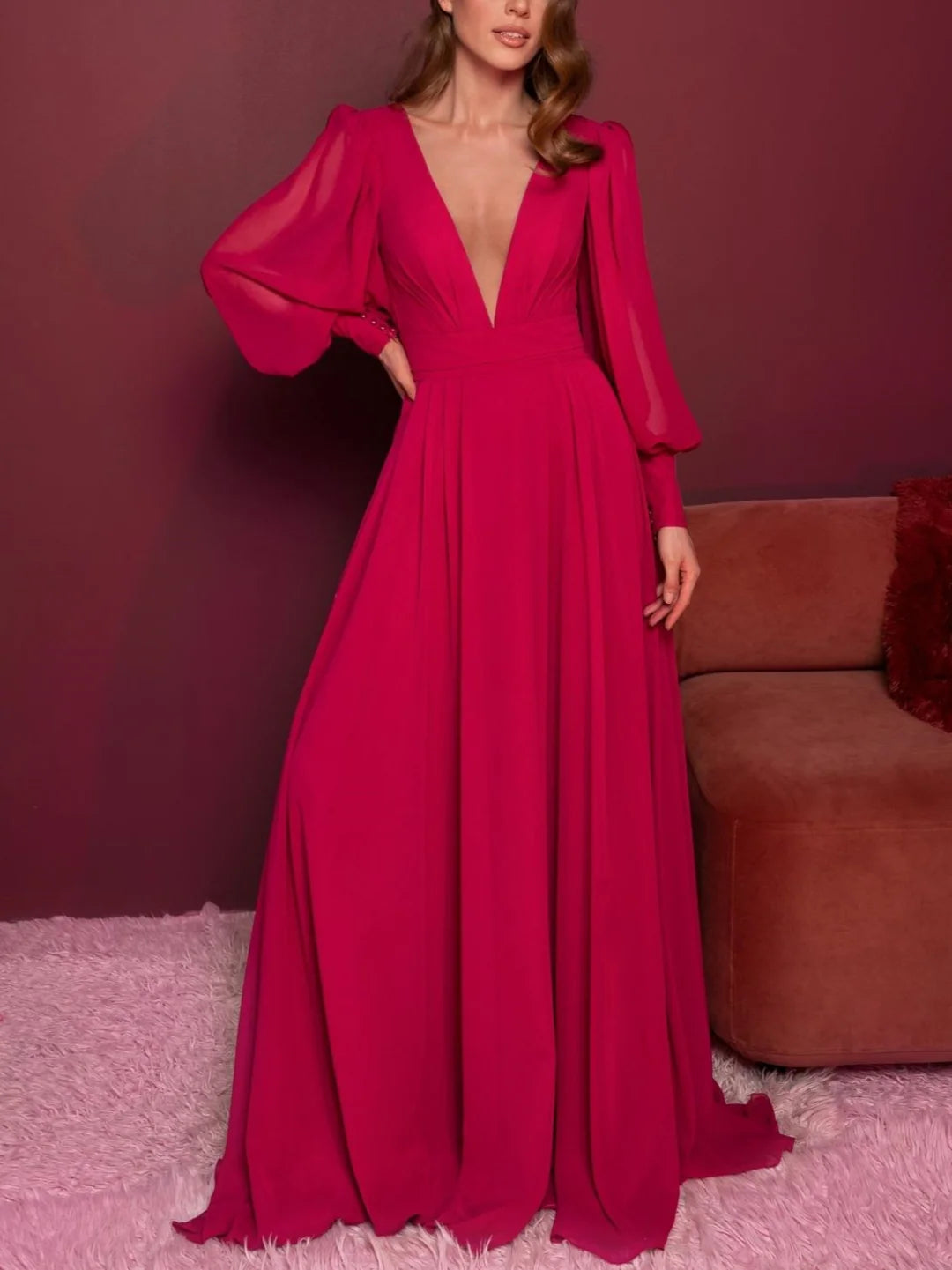 A-Line V Neck Long Sleeves Floor Length Evening Dress