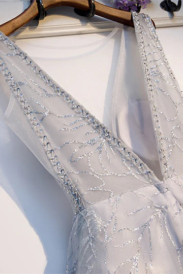 A-line Deep V Neck Sparkly-Embroidered Sequins Tea Length Formal Dress Prom Dresses