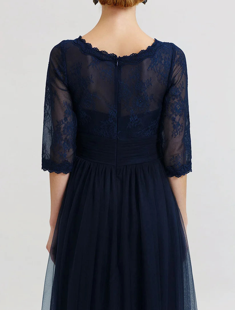 Ball Gown A-Line Mother of the Bride Dress Beautiful Back See Through V Neck Floor Length Tulle Sheer Lace 3/4 Length Sleeve with Sash / Ribbon Pleats