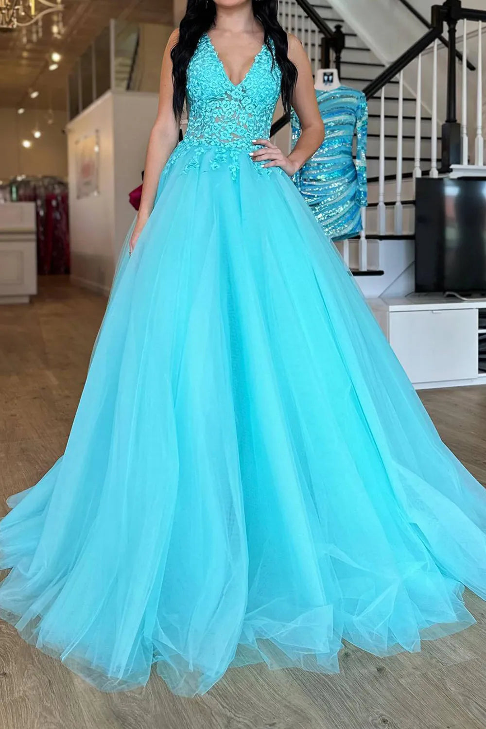 A Line V Neck Gorgeous Long Prom Dress with Appliques