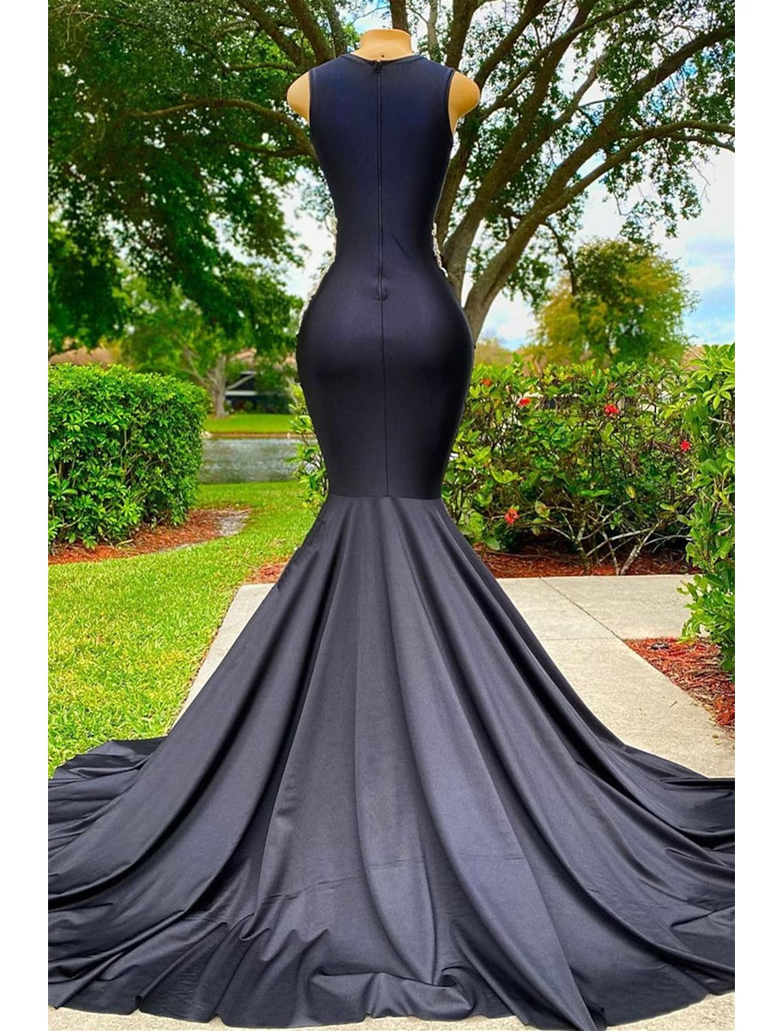 Mermaid / Trumpet Evening Gown Floral Dress Formal Court Train Sleeveless Jewel Neck African American Satin with Rhinestone