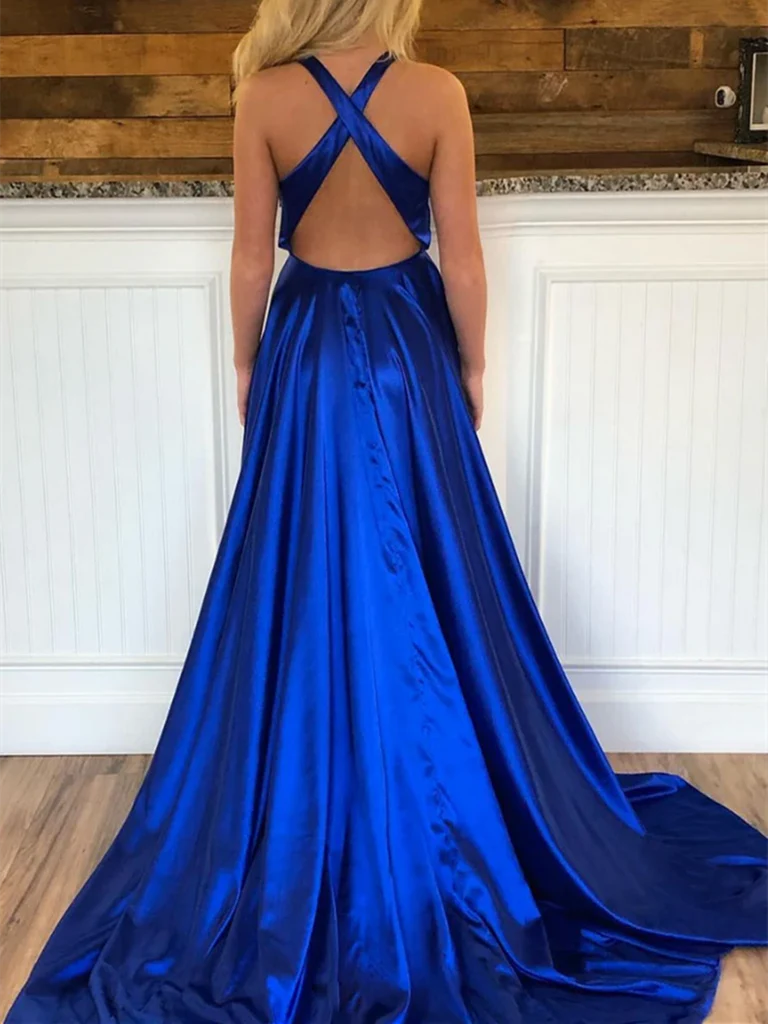 A-line Simple V Neck Back Satin Long Prom Dresses Formal Evening Dresses With Slit