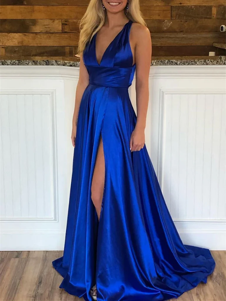 A-line Simple V Neck Back Satin Long Prom Dresses Formal Evening Dresses With Slit