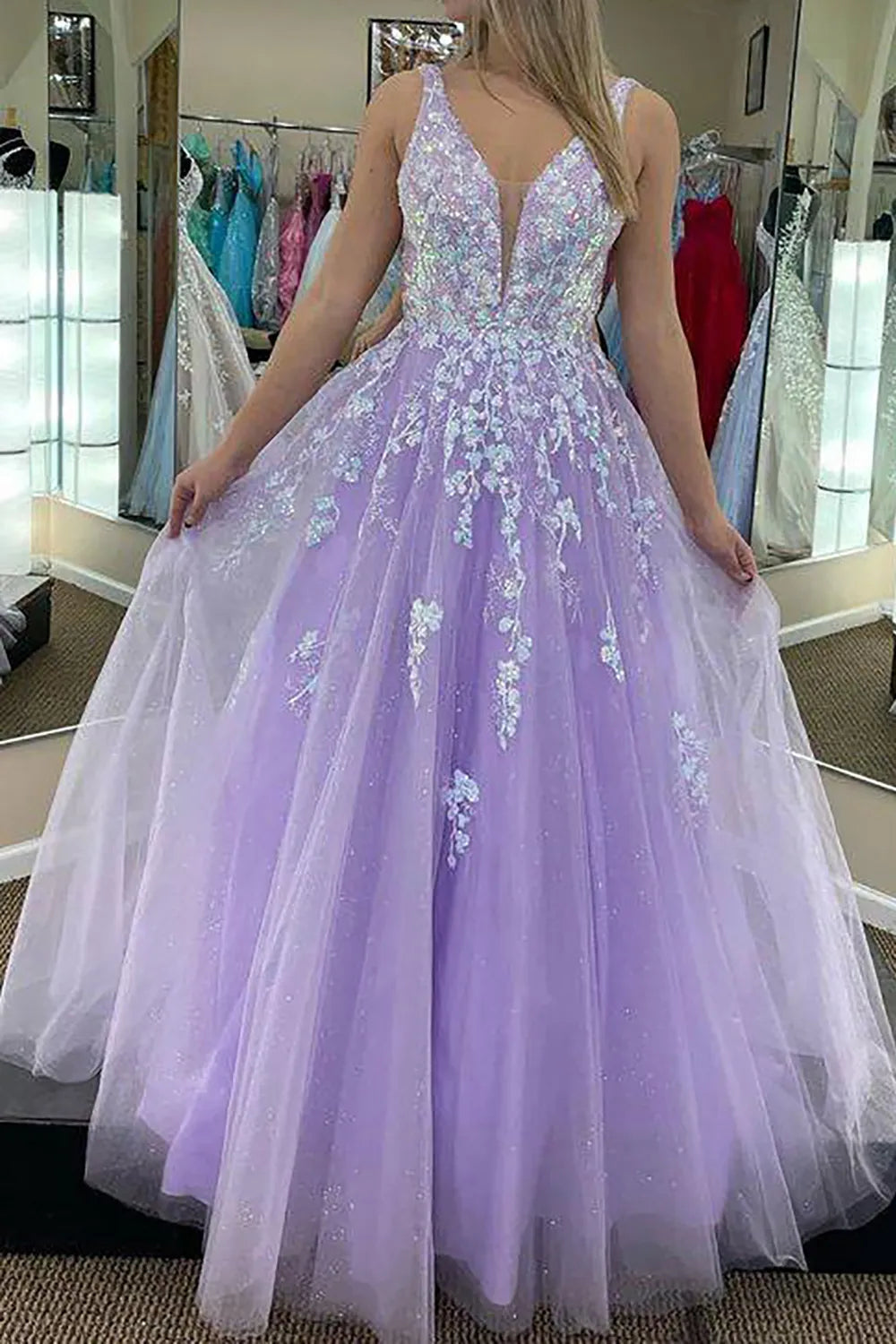 A Line Deep V Neck Long Prom Dress with Appliques
