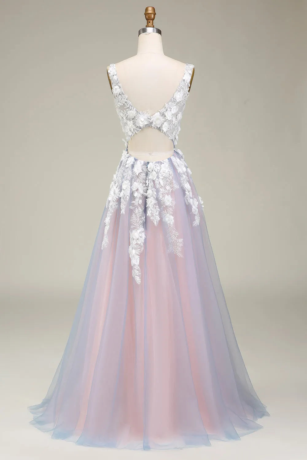 A-Line Back Long Tulle Prom Dress with Appliques