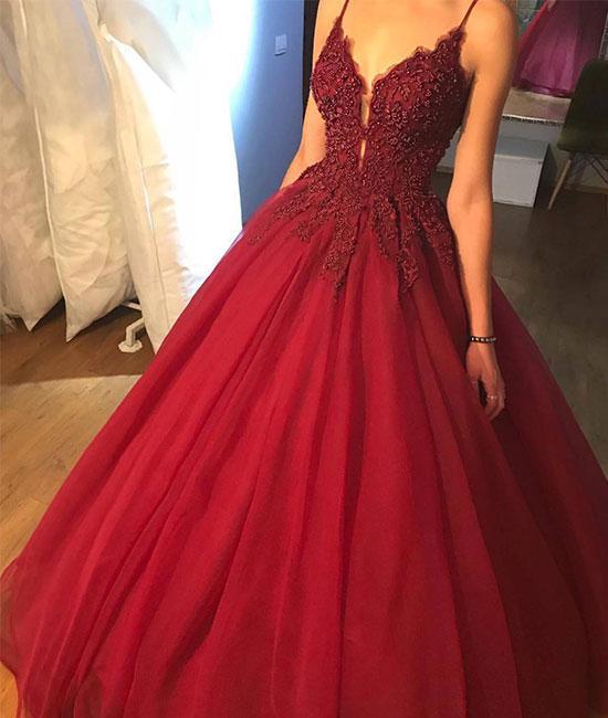 A-line Beaded V Neck Prom Dress Lace Flowers Formal Gown