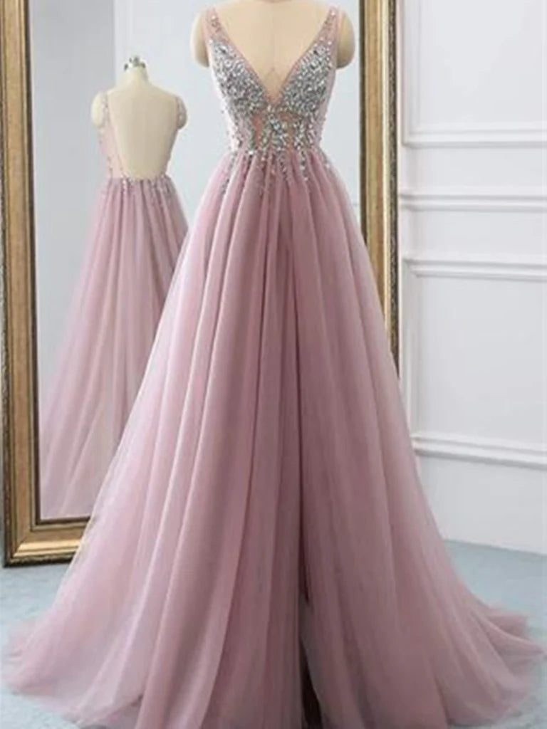 A-line V Neck Backless Beaded Tulle Long Prom Dress Evening Dress With Slit