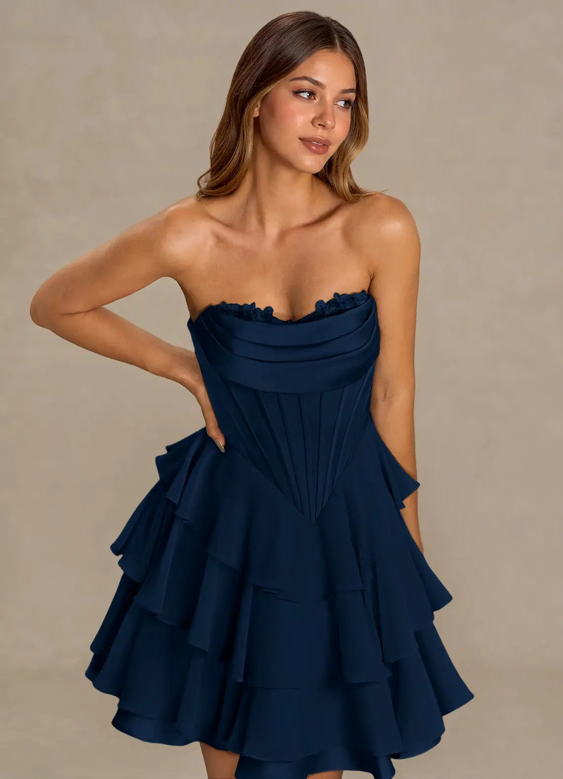 Elegant A-Line Strapless Ruffled Tiered Navy Short Homecoming Dress Women's