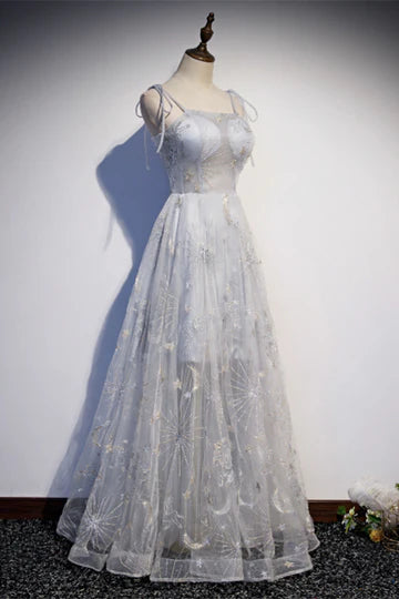 A-line Bow Tie Shoulder Embroidery Long Formal Dress