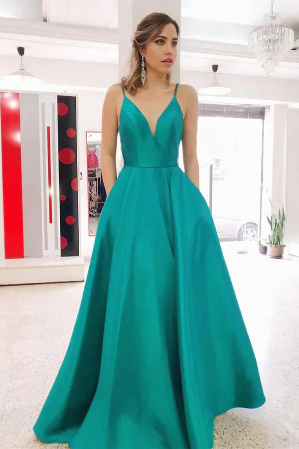 A-line V-neck Spaghetti Straps Simple Satin Long Prom Dresses