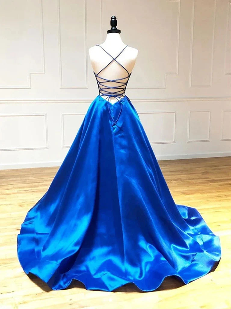 A-line V Neck Backless Prom Dresses Formal Evening Dresses