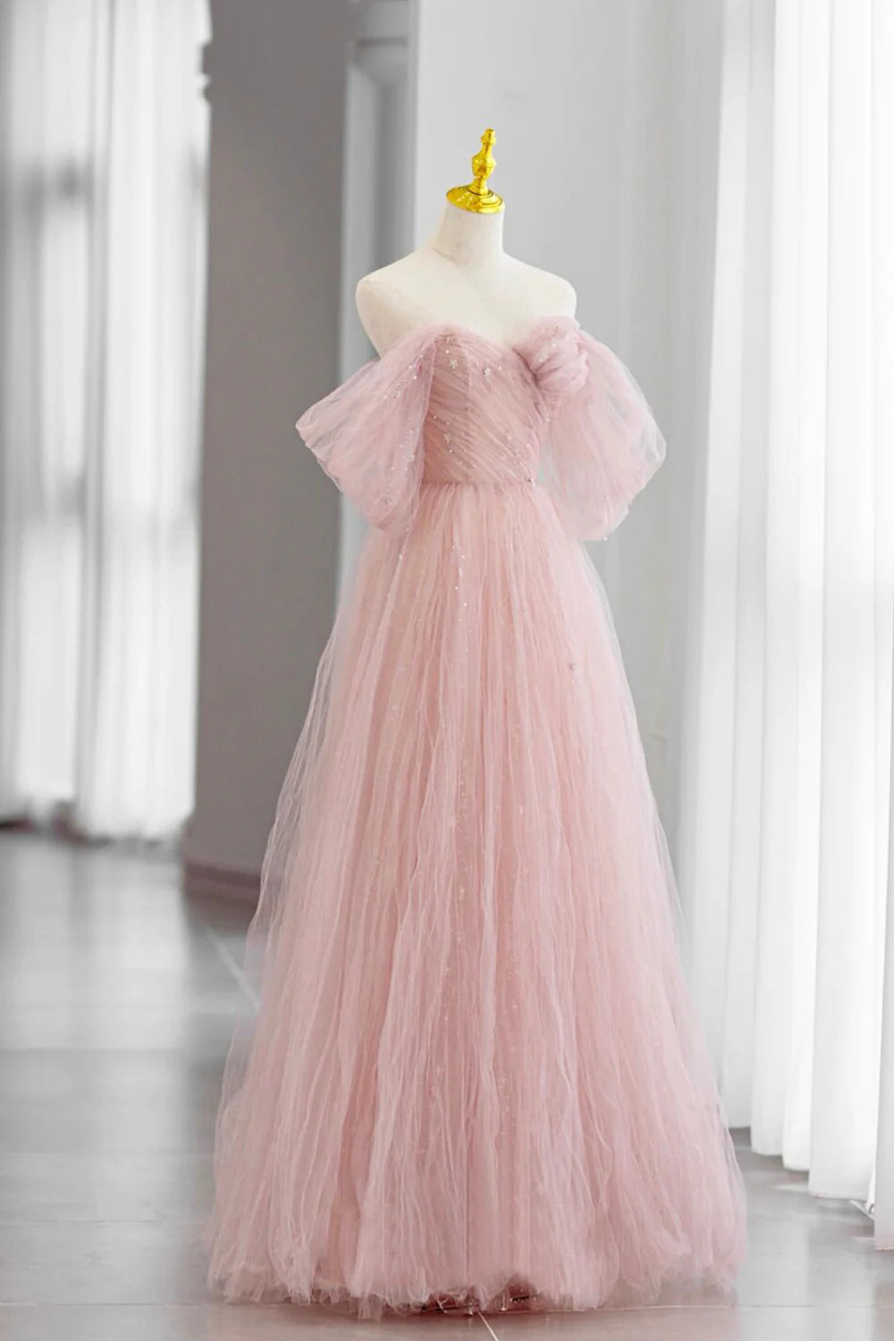 A-Line Tulle Floor Length Cute Evening Dress