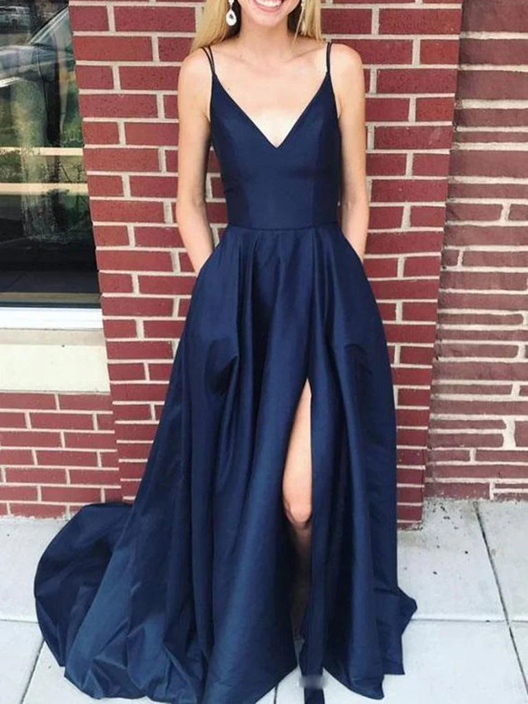 A Line V Neck Long Spaghetti Straps Prom Dresses With Side Slit