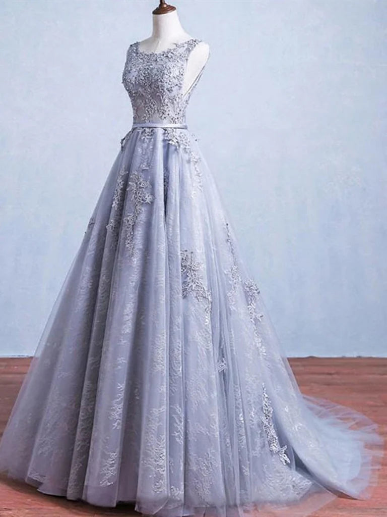 A-line Appliqued Lace Backless Sleeveless Prom Dress Formal Evening Dress