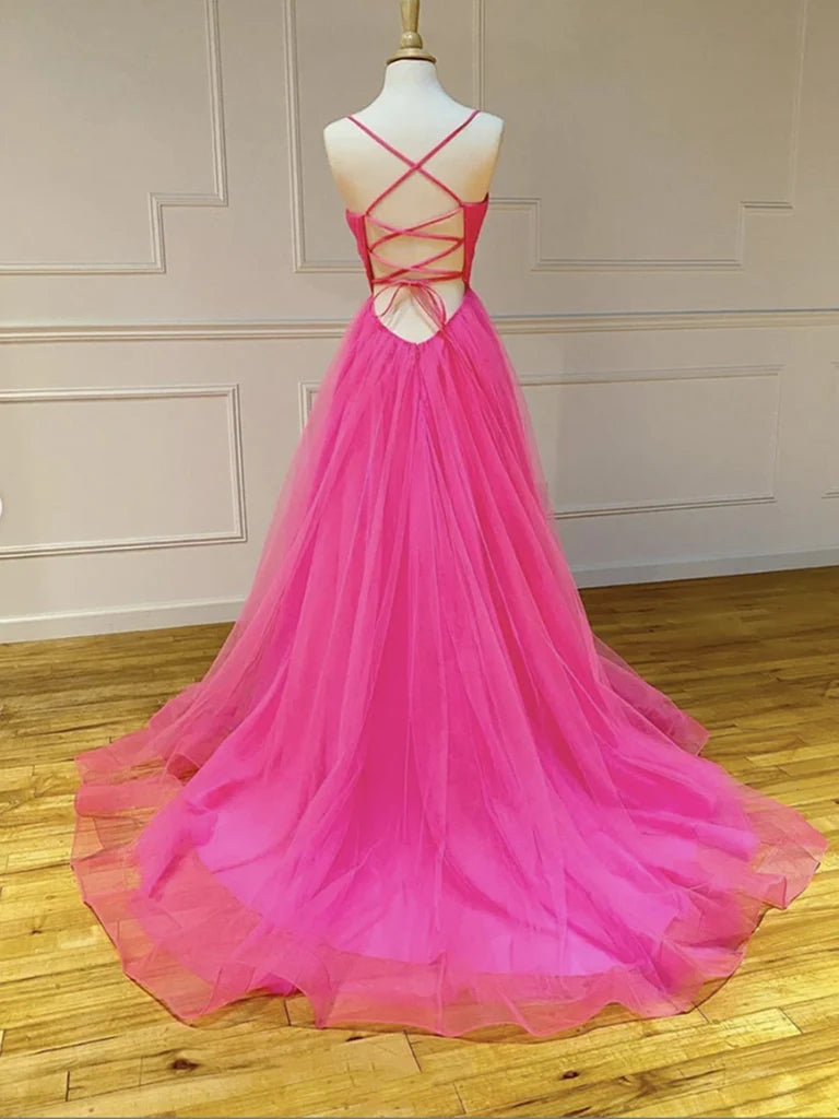 A-line V Neck Backless Tulle Long Prom Dresses Formal Evening Graduation Dresses