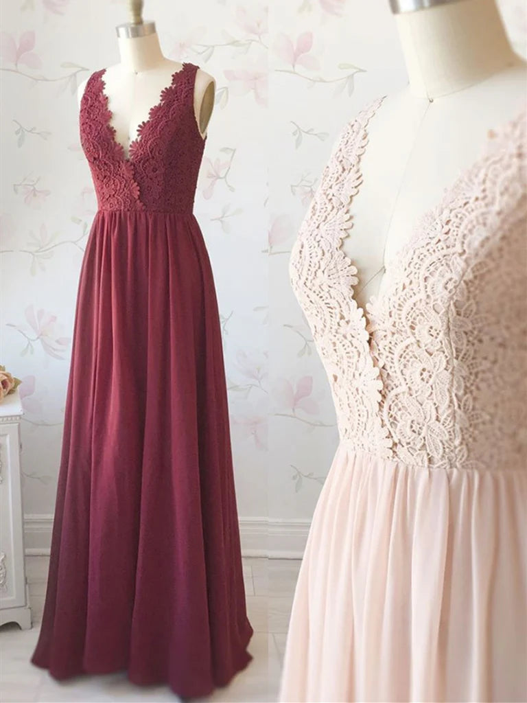 A Line V Neck Lace Chiffon Long Prom Dress Evening Dress